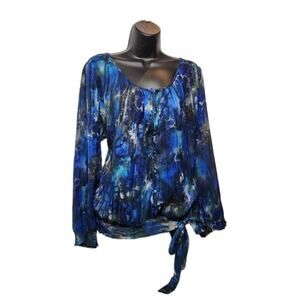 Women's Roz and Ali 18-20 Long Sleeve Tie Waist Scoop Neck Ruffled Flowing Blue